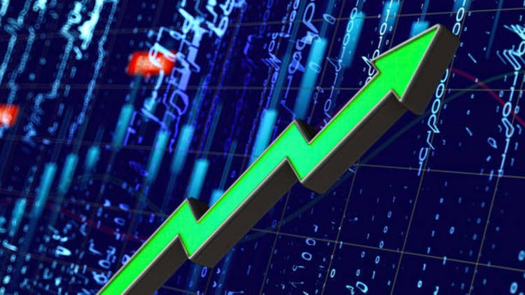 Financial Trading Concept with Green UP Arrow and a Stock Market Chart