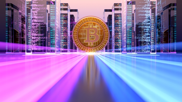 Abstract BTC - Bitcoin sign on digital data center. Crypto concept. digital technology background