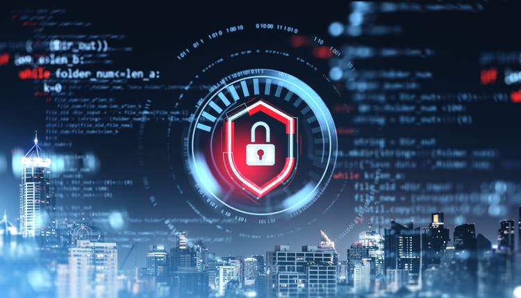 Digital security lock icon over virtual cityscape with programming code elements.