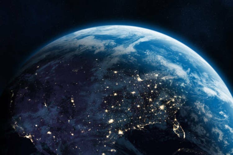 Earth from the space at night. Space banner template. North America.