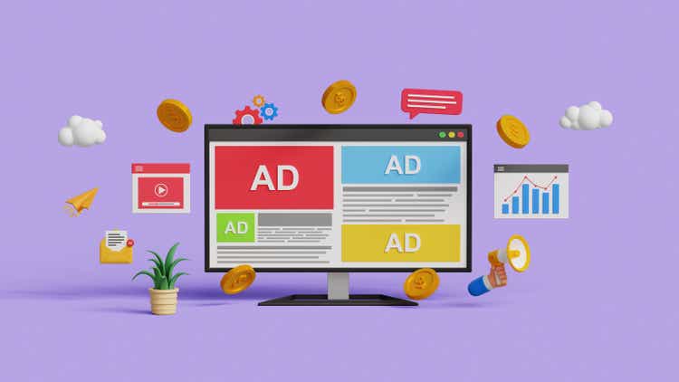 Website ads, digital marketing concept. Advertising on social media. PPC ad campaign and performance metrics. Targeted inbound ads. 3D digital marketing with programmatic social network advertising