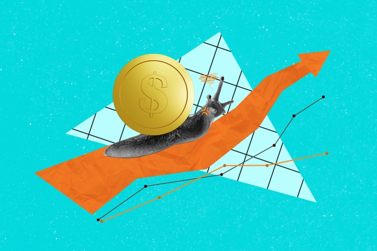 Composite trend photo collage of slime slow animal snail without hose instead huge money dollar usd symbol coin arrow go up growth stats