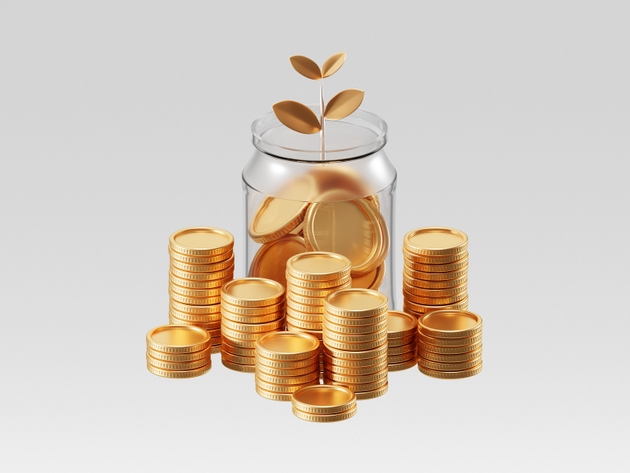 3D risparmio di denaro con monete e concetto di profitto di crescita finanziaria di investimento isolato su sfondo bianco.