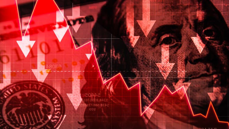 American Dollar currency value going down with red graph close up, finance and inflation concept backdrop