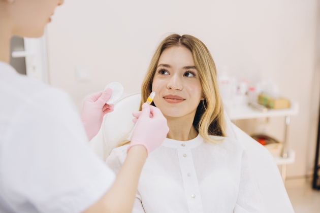 Cosmetologist wearing pink gloves holding syringe and cotton pad, preparing botox injection for smiling woman in white shirt