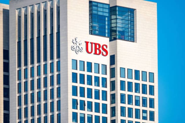 UBS bank office building, multinational banking, Swiss largest private investment bank, financial services company, glass facade, Germany professional services in Frankfurt - February 9, 2025