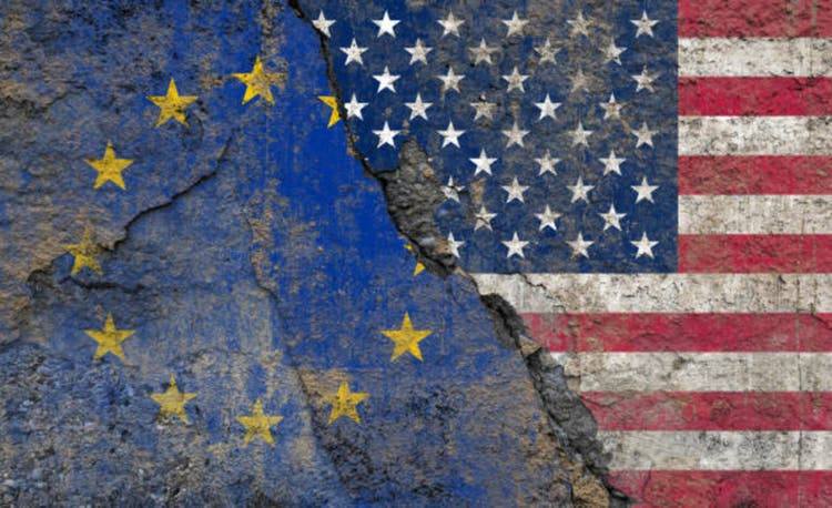 American and European Union Flag on Cracked Surface: US-EU Relations: Tensions, Transatlantic Ties, Trade, and Geopolitics Crisis