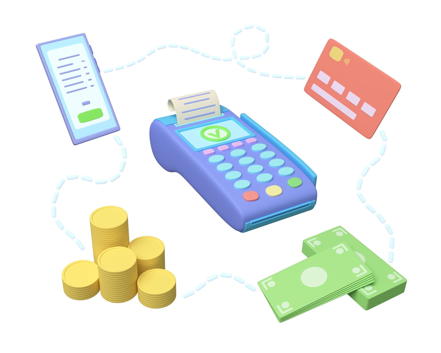Payment by credit card through POS terminal, contactless payment, cash, payment via smartphone app and transaction receipt. Concept of internet banking and electronic money. 3d rendering
