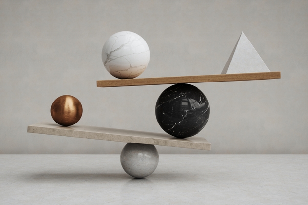 Geometric Balance Concept with Spheres and Pyramid