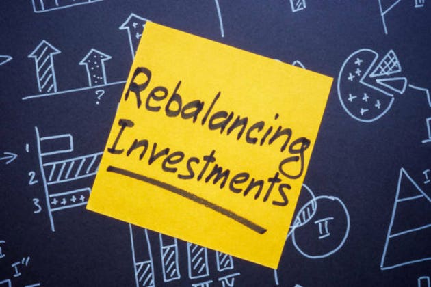Business charts and a sticky note with rebalancing investments. Financial strategy and portfolio management.