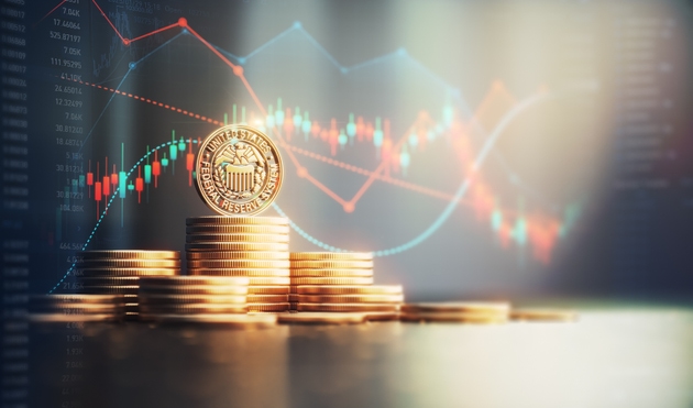 Digital Federal Reserve System (FED) Symbol on Metal Coins on Finance Background