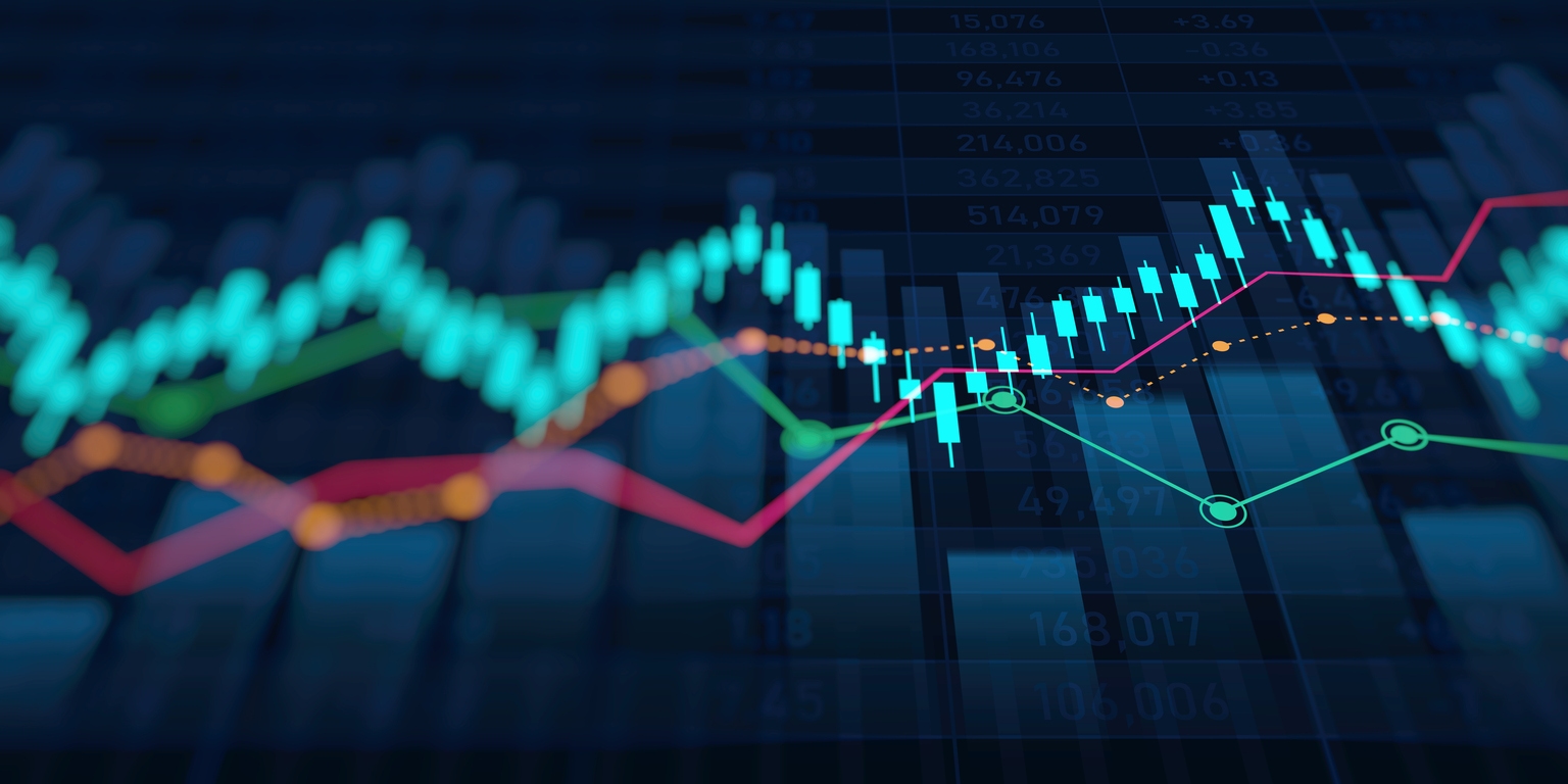Financial chart with moving up arrow graph in stock market on blue color background