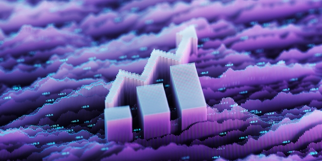 Financial bar graph on futuristic digital landscape with glowing data