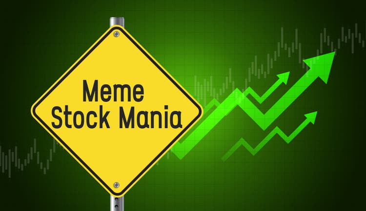 Meme Stock Mania business text message on signboard. Business graph , arrows and growth concept. Green background