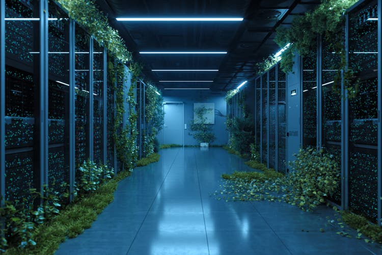 Green Technology Server Room with Overgrown Plants