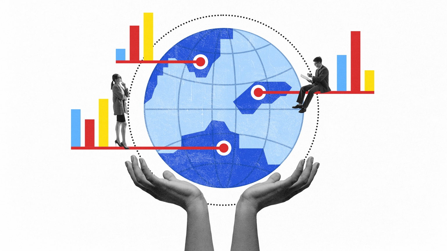 Conceptual art collage. Business professionals connected through data points and global charts, symbolizing worldwide network.