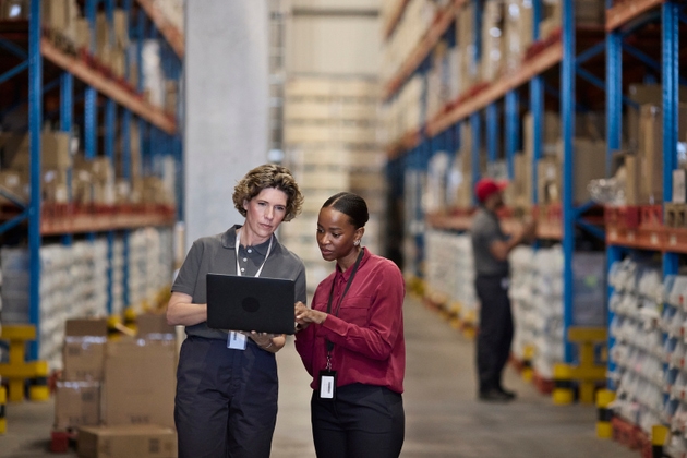 Female manager discussing with employee using laptop