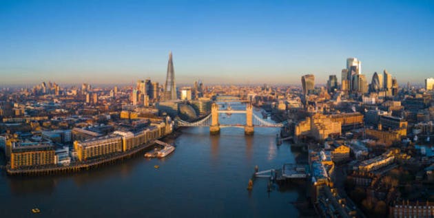 Panoramic Aerial View of Tower Bridge and the City Of London Skyline at Sunrise, United Kingdom