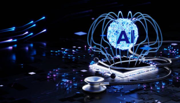AI Health Check: Glowing AI Symbol Linked to Circuit Board with Stethoscope
