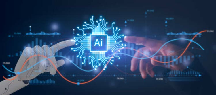 AI technology concept, Customer Relationship Management, Executive"s select Human Resource man hand and robot hand working together AI trading and data analysis in investment and financial