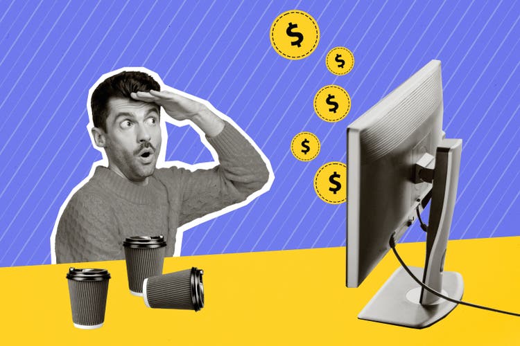 Composite creative photo collage of impressed man look at computer display drink coffee check bitcoin isolated on drawn background