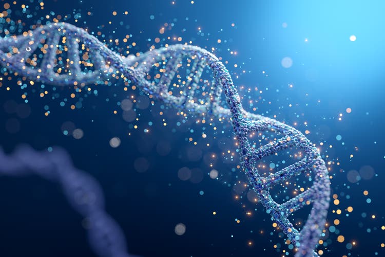 DNA double helix with glowing particles