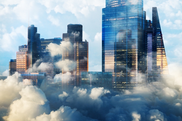 London financial district emerging from clouds