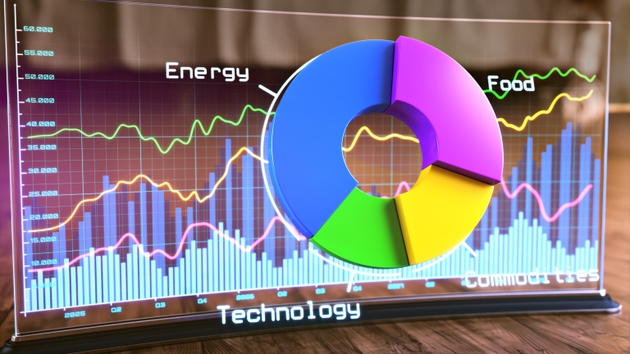 Segmented donut chart with industry sectors and financial data on a futuristic touch screen in the background