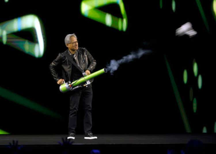 The CEO of Nvidia, Jensen Huang, delivers the speech during the conference of developers