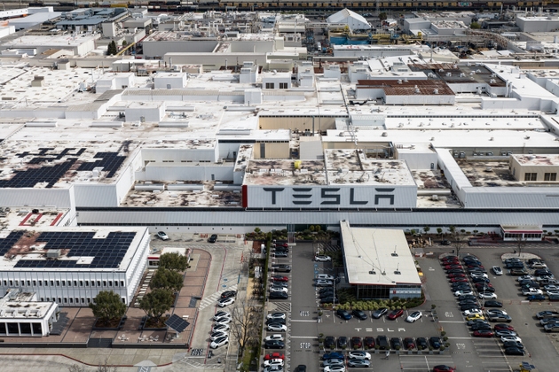 High Angle Aerial Shot of Tesla Factory in Fremont, CA