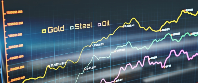 Extreme close-up on a digital display with forecasting financial data for gold, steel and oil commodities