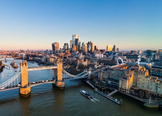 Aerial View of Tower Bridge and the City of London at Sunrise, UK