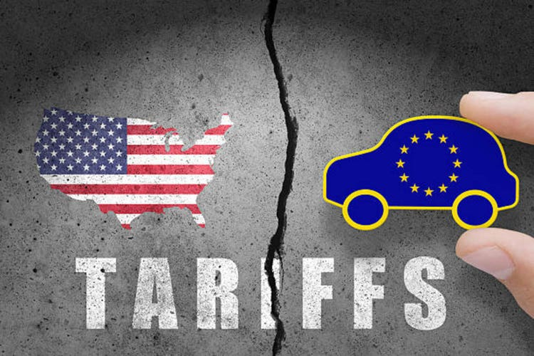 Flag map of US painted on cracked wall. Europe Union and United States of America trade and tariffs war.