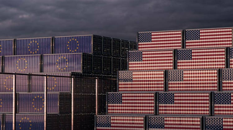Trade War Between the U.S. and Europe – Shipping Containers Covered in American and European Union flags