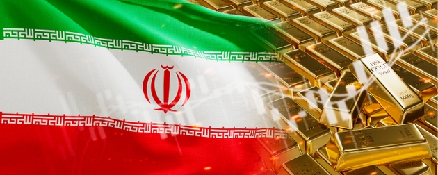 Gold bars with Iran flag. Chart simply precious metals stocks. National foreign-exchange reserve banking economy system. Golden reserve. 3d image