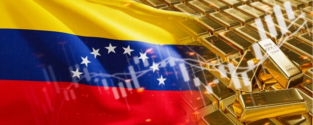 Lingotes de oro con la bandera de Venezuela. Grafique simplemente las acciones de metales preciosos. Sistema económico bancario de reserva de divisas nacional. Reserva de oro. Imagen 3D