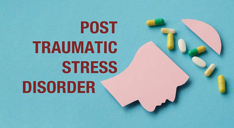 A pill bottle with a head on it and the words Post Traumatic Stress Disorder written below it