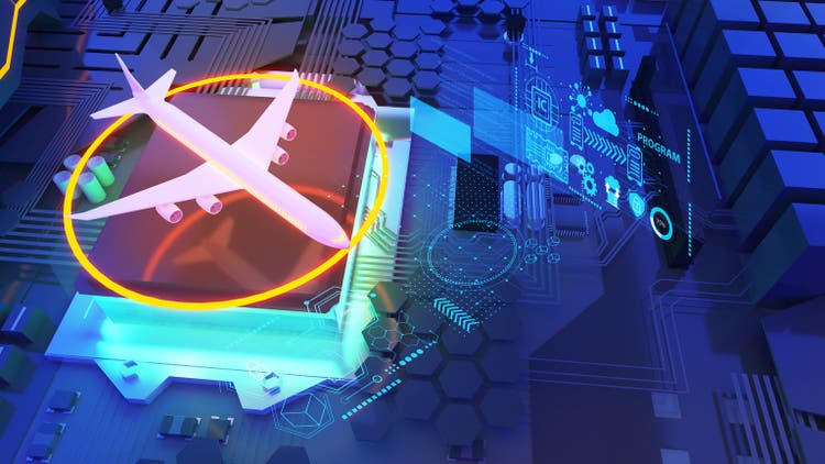 Semiconductor technology systems and computer processing units are used in the airline and travel industry, 3D rendering.