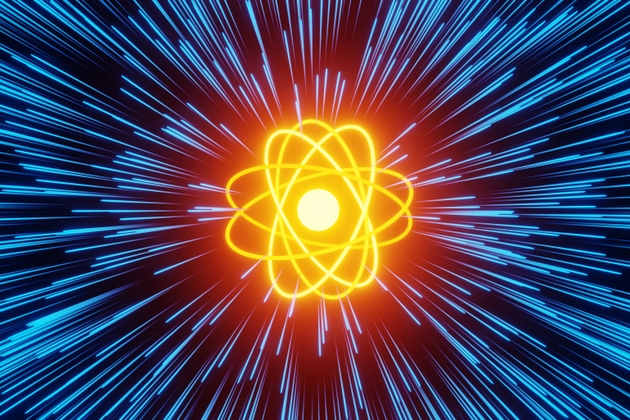 Orange glowing atom with a core and electron orbits emitting radial blue light rays on a black background. Illustration of the concept of quantum physics, qubit particles and chemical reactions