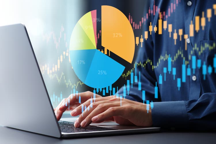 Investment portfolio diversification strategy. Risk management and asset allocation. Investor using laptop computer to manage stock investments.