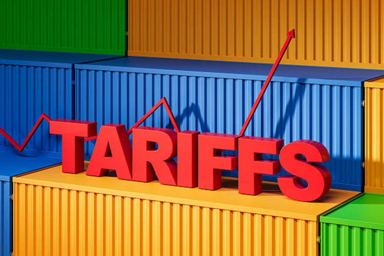Tariffs concept with rising graph on colorful shipping containers. 3D Rendering