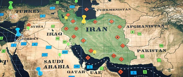 Digital map of the Persian Gulf battlefield centered on Iran