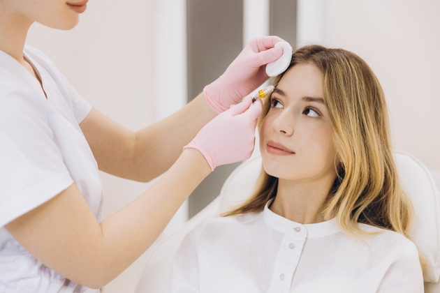 Cosmetóloga administrando inyecciones de botox a una mujer joven en un salón de belleza, mejorando su piel y promoviendo una apariencia juvenil