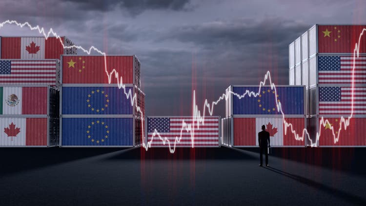 Business Man Looking at Shipping Containers Covered in Country flags – Symbolizing Trade Tariffs, Global Trade Challenges and Market Volatility