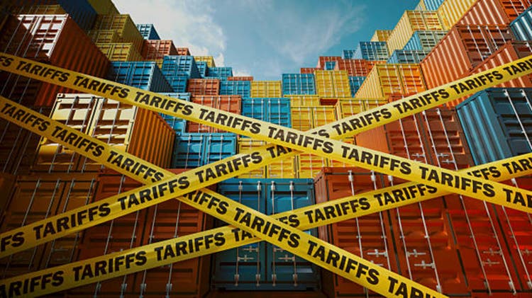 Shipping Containers Blocked by Tariffs Symbolized with Warning Tape