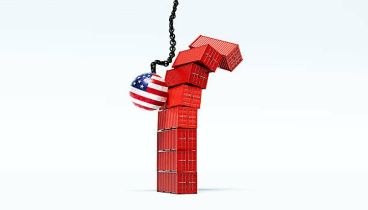 Symbol of Economic Turmoil – Stack of Shipping Containers Crushed by Wrecking Ball in American Flag Colors