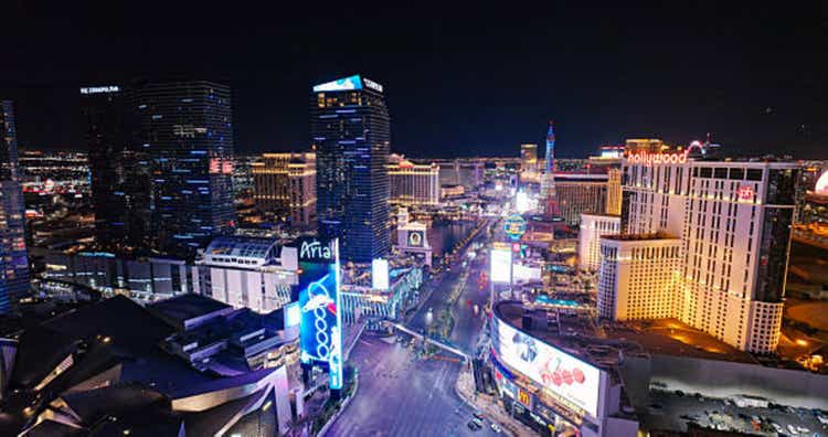 High Angle Aerial View of the Strip in Las Vegas, NV at Night