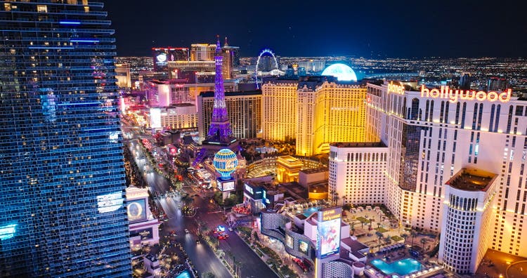 The Las Vegas Strip and Cityscape at Night - Drone Shot