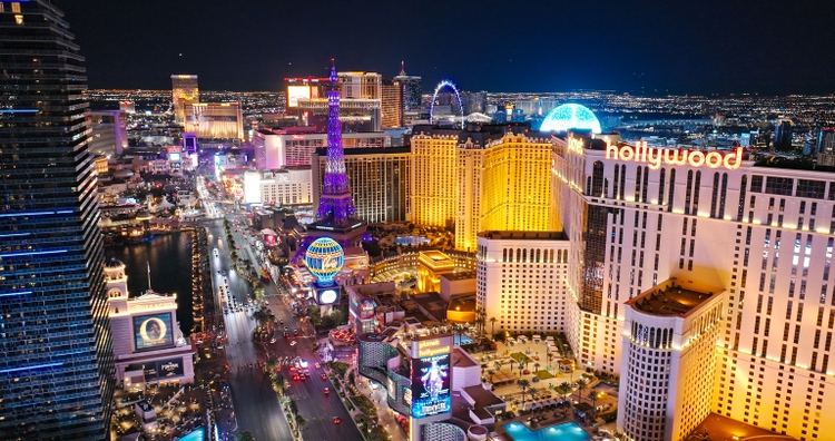 Resorts and Luxury Hotels in Las Vegas, Nevada at Night - Drone Shot