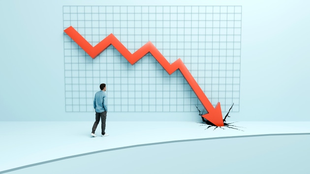 Man Facing Crashing Downward Arrow Through Floor - Economic Collapse, Crisis, and Financial Stress, 3D Render